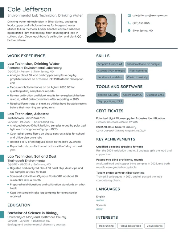 Environmental Lab Technician resume example