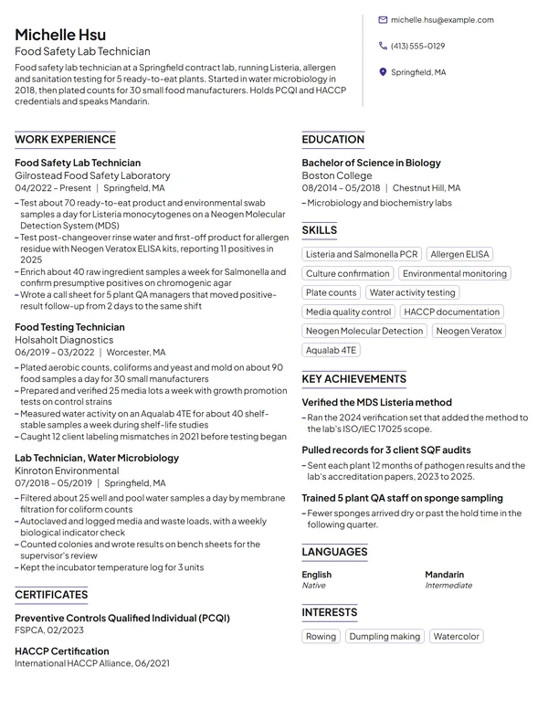 Food Safety Lab Technician resume example
