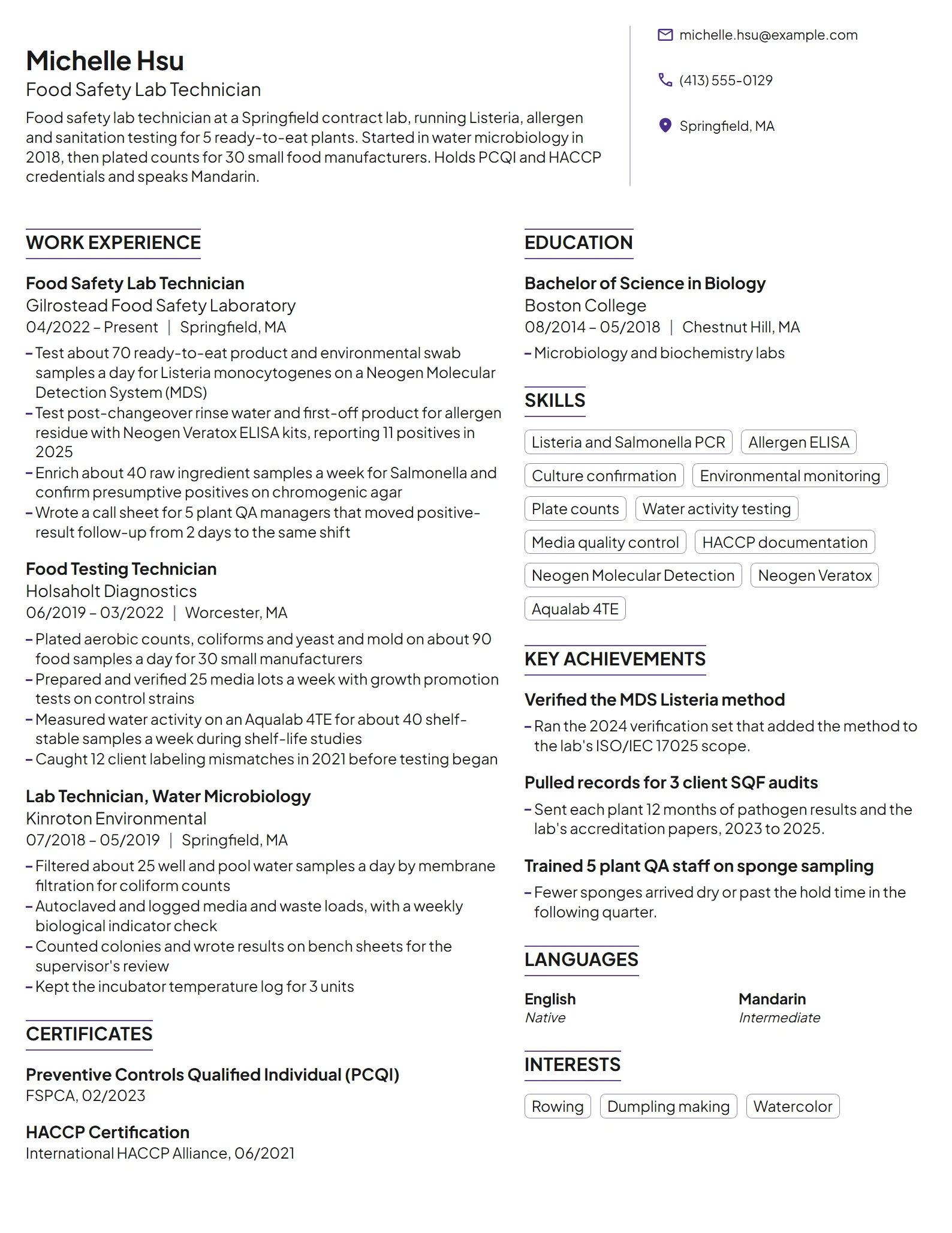 Food Safety Lab Technician resume example