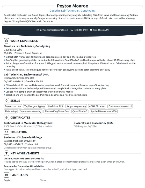 Genetics Lab Technician resume example