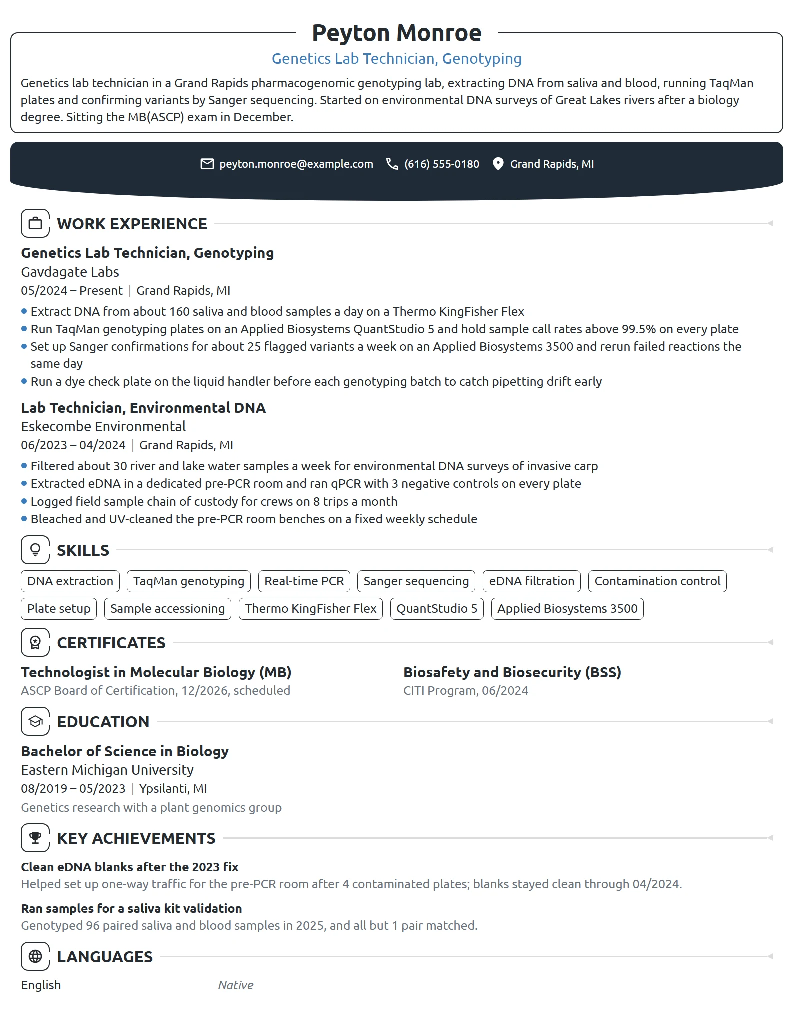 Genetics Lab Technician resume example