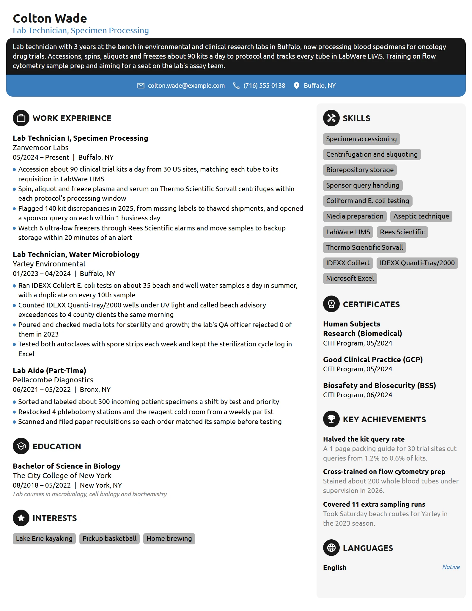 Junior Lab Technician resume example