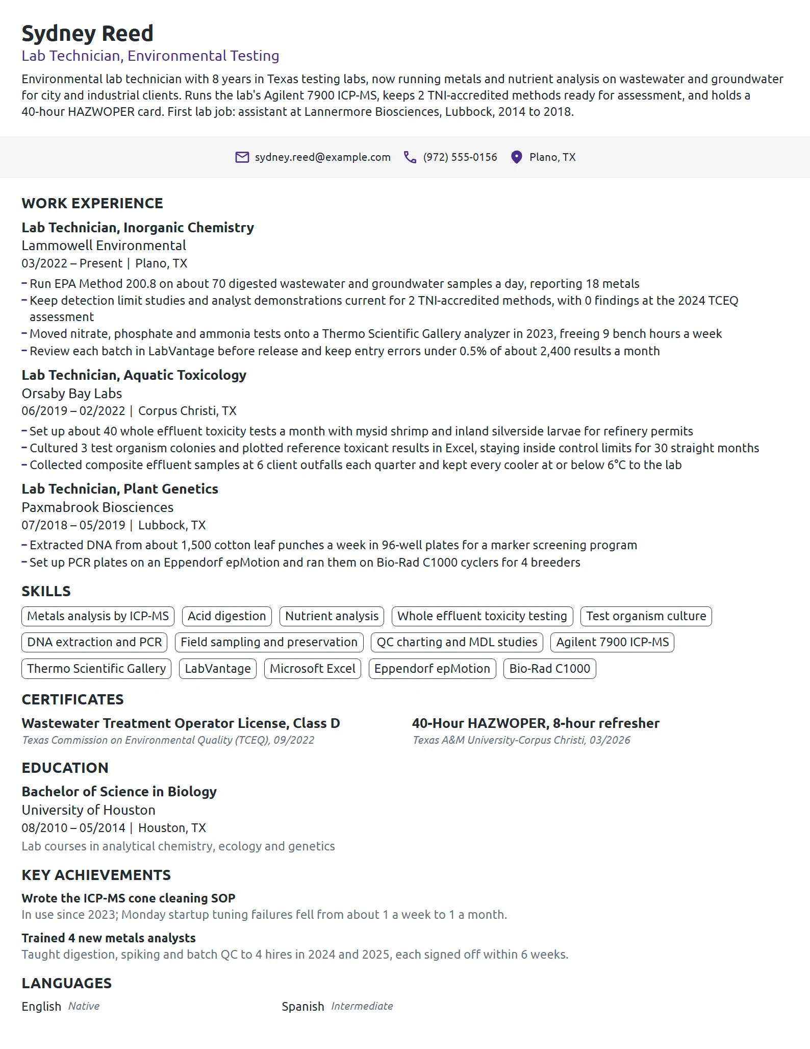 Lab Technician resume example