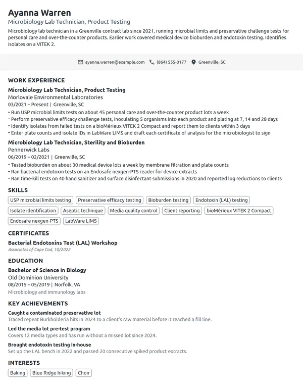Microbiology Lab Technician resume example