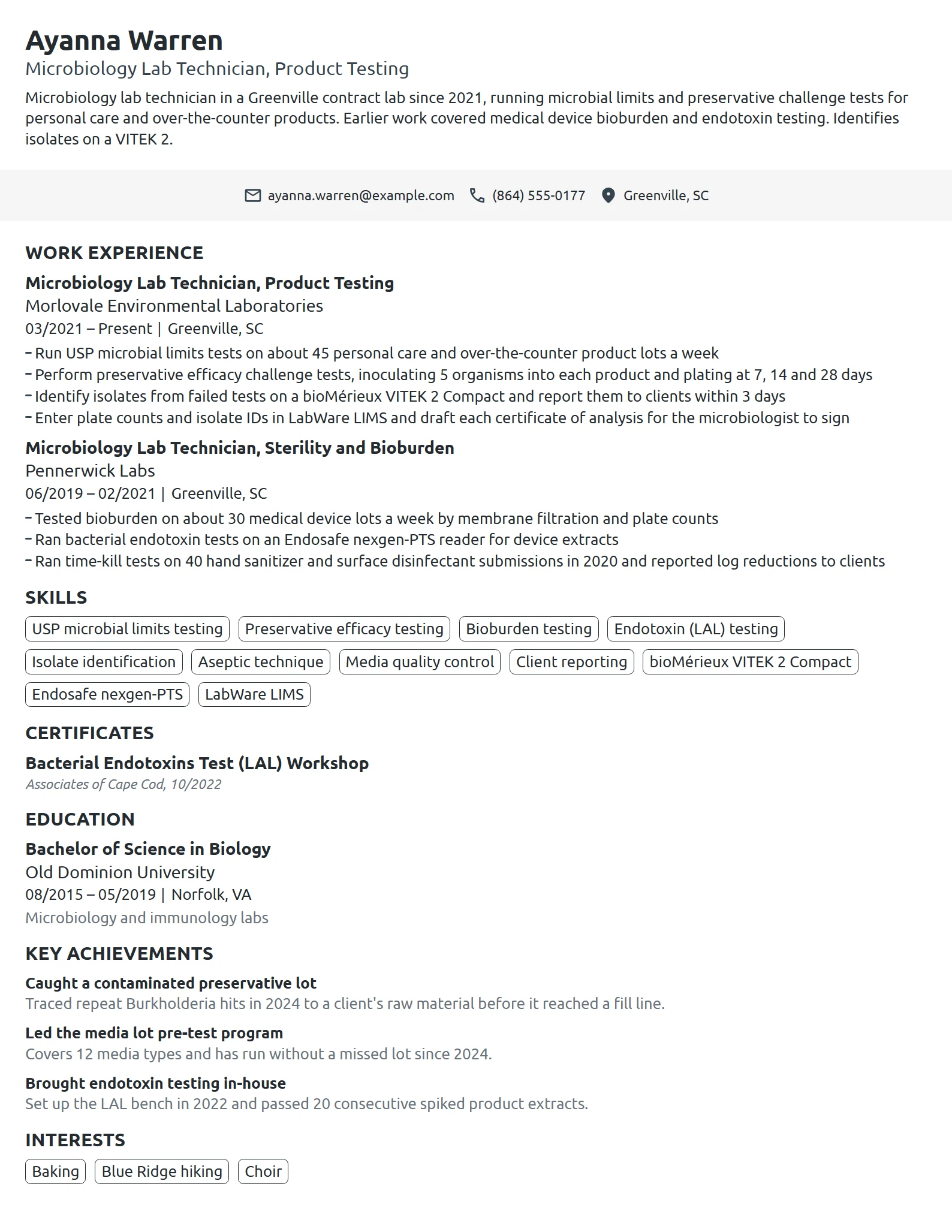 Microbiology Lab Technician resume example