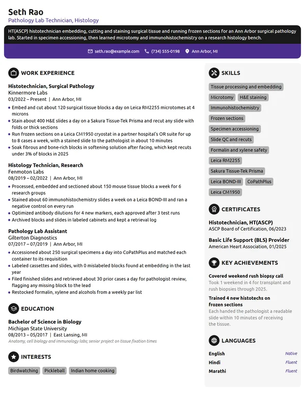 Pathology Lab Technician resume example