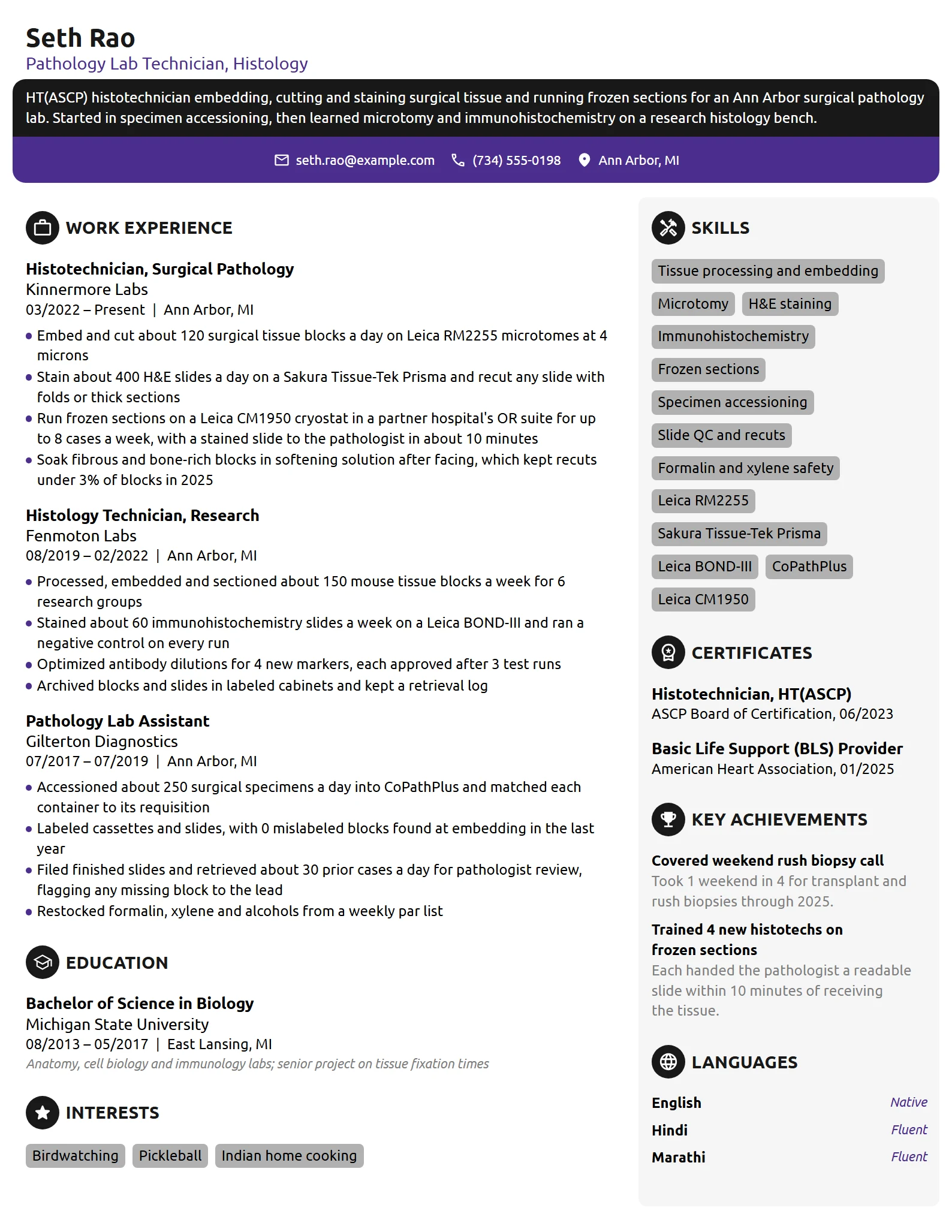 Pathology Lab Technician resume example