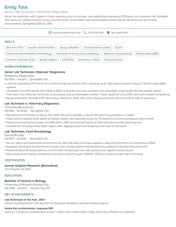 Senior Lab Technician resume example