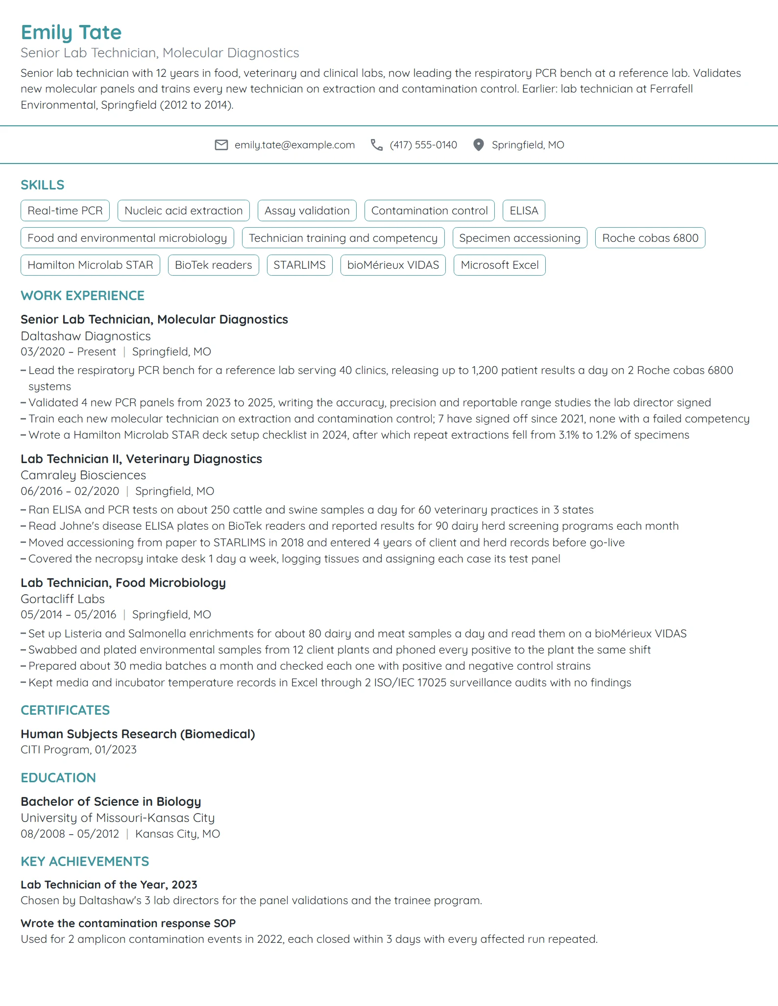 Senior Lab Technician resume example