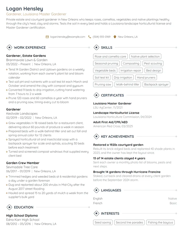 Gardener resume example