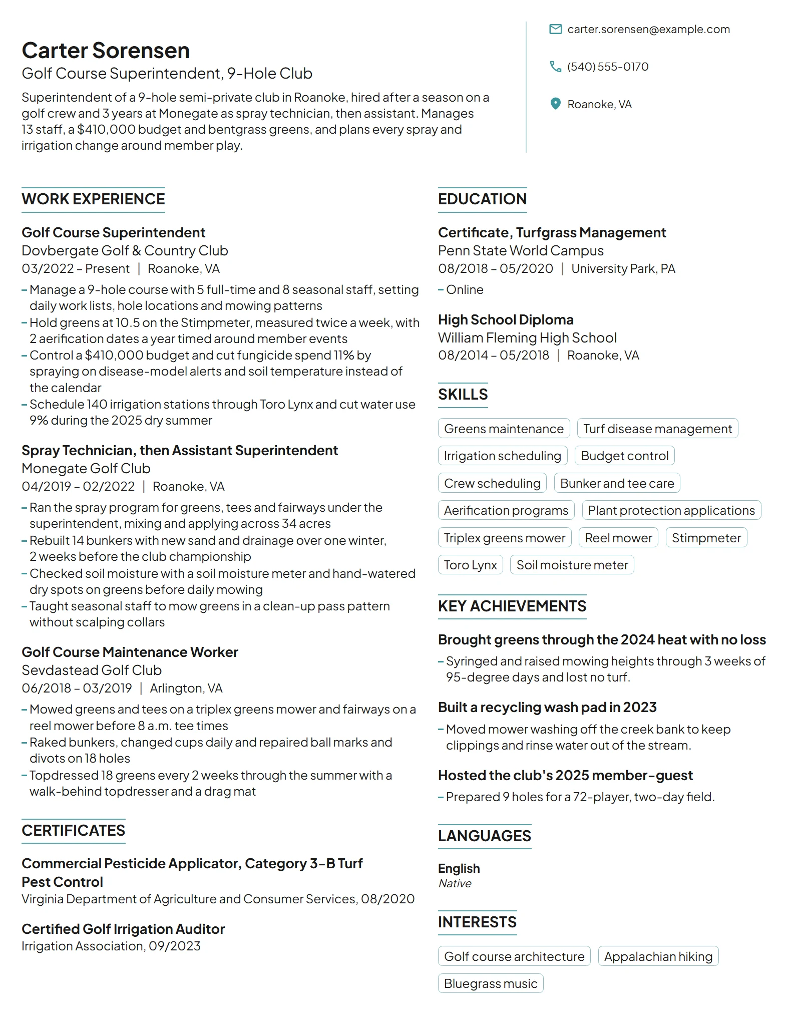 Golf Course Superintendent resume example