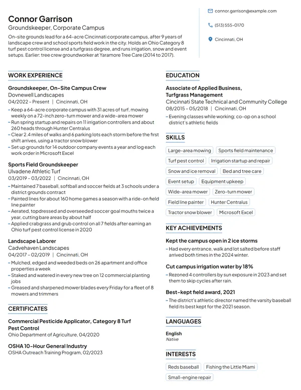 Groundskeeper resume example