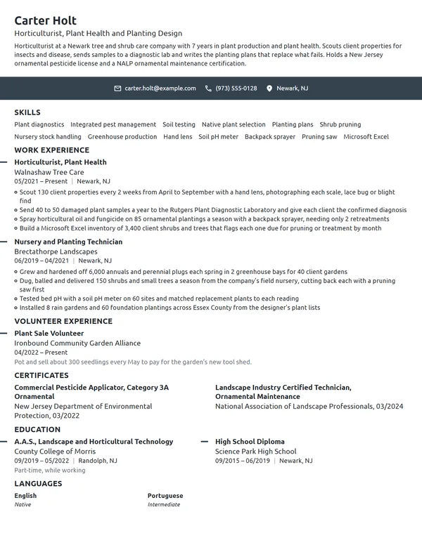 Horticulturist resume example