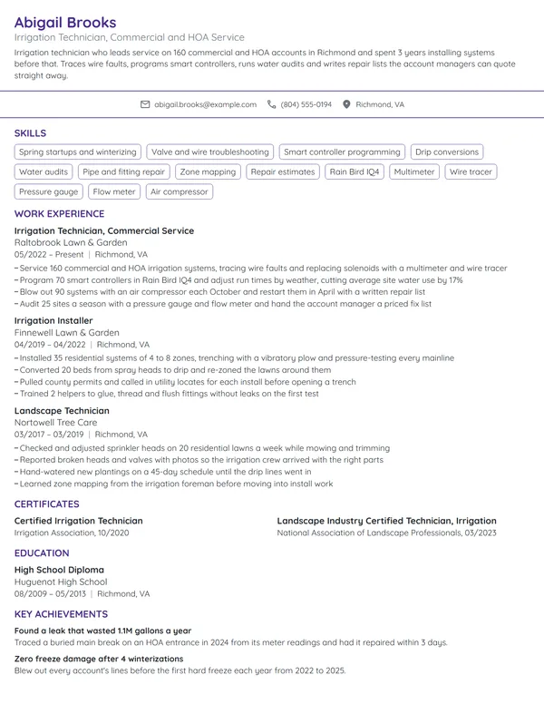 Irrigation Technician resume example