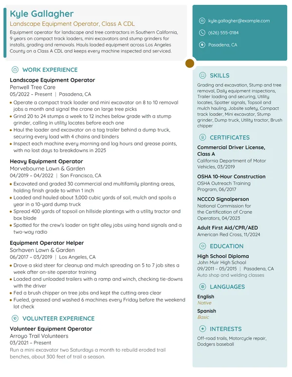 Landscape Equipment Operator resume example