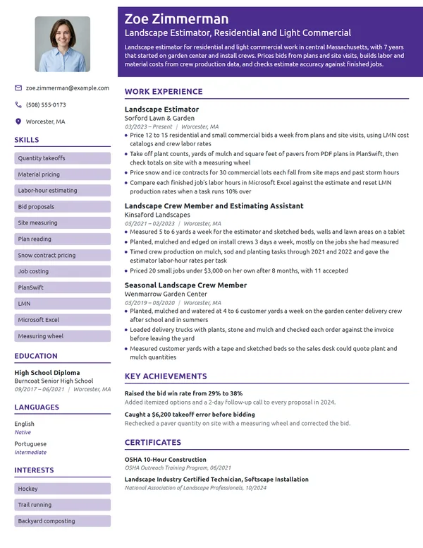 Landscape Estimator resume example