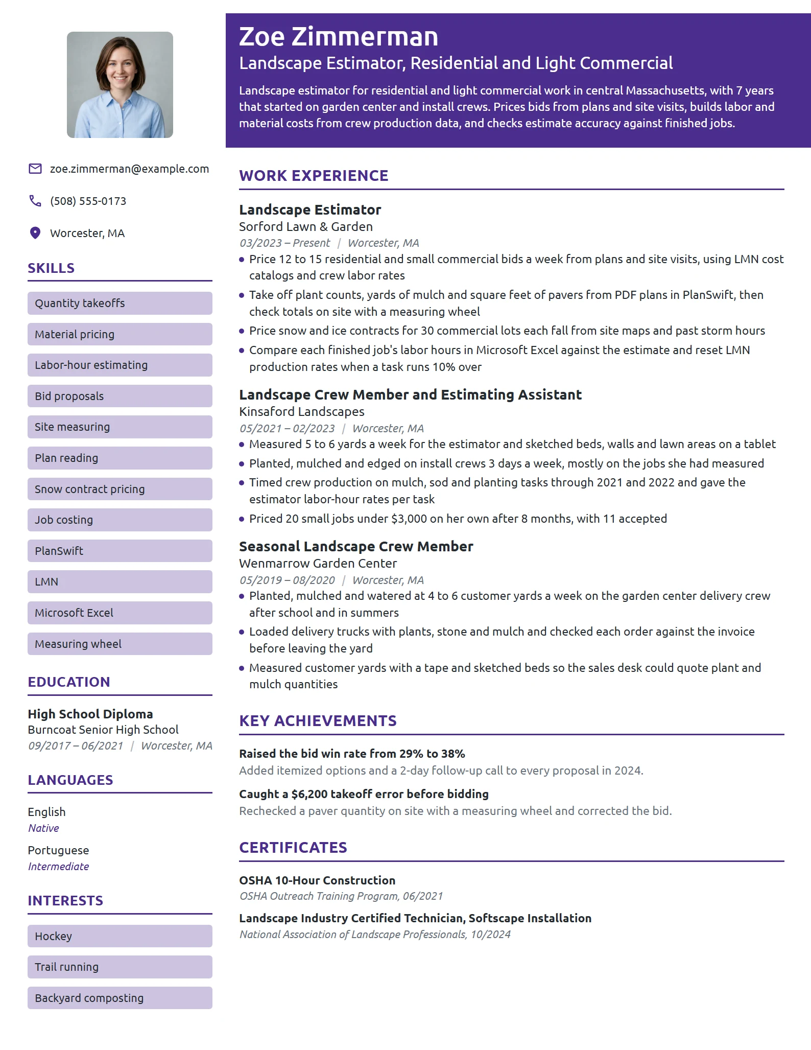 Landscape Estimator resume example