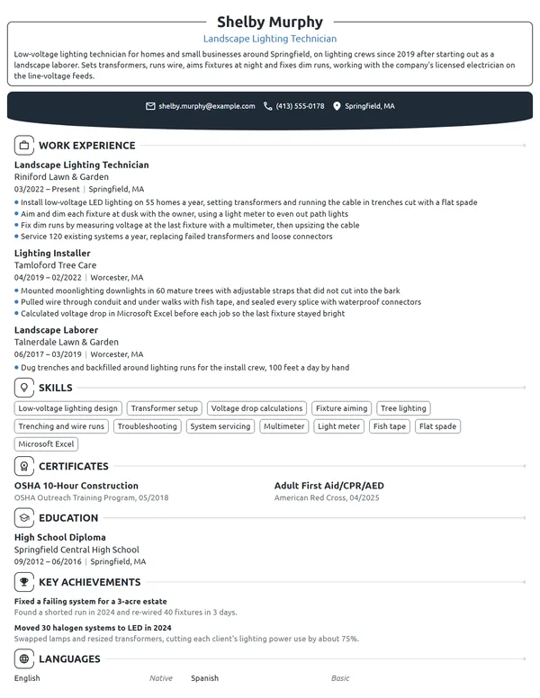 Landscape Lighting Technician resume example