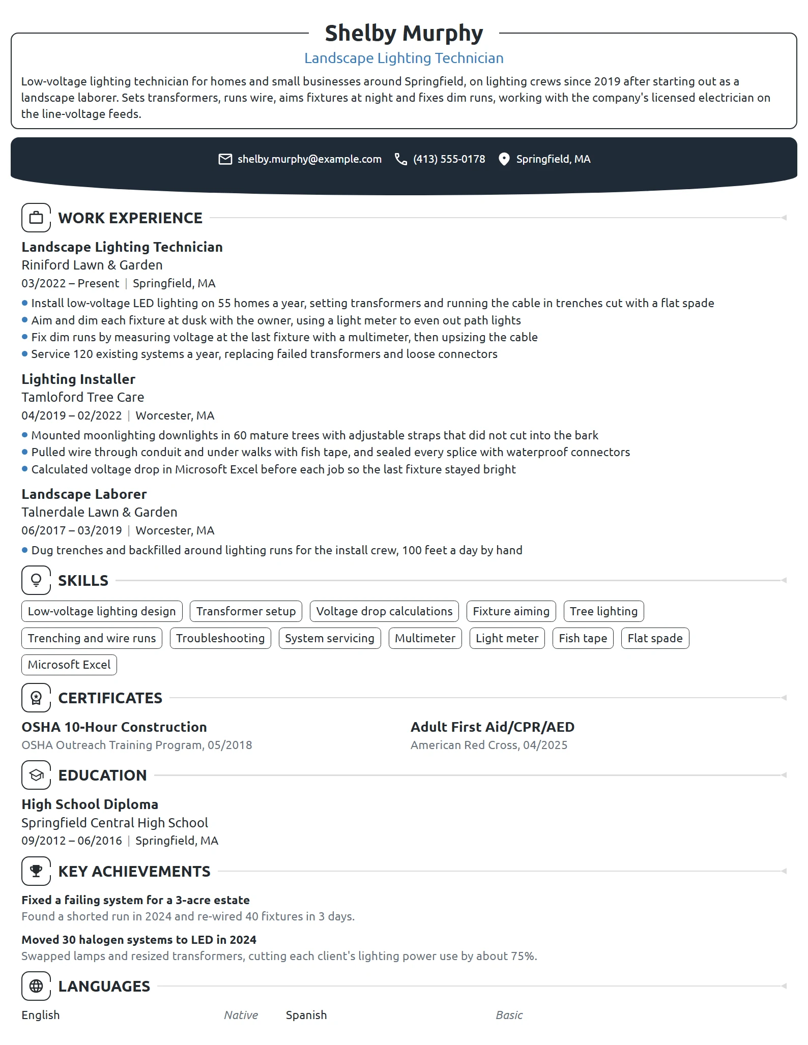 Landscape Lighting Technician resume example