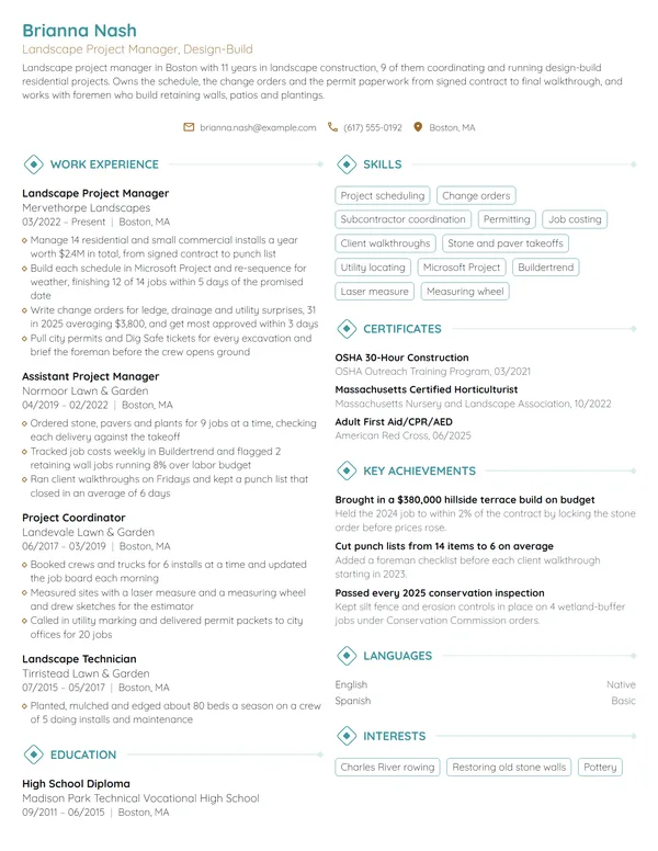 Landscape Project Manager resume example