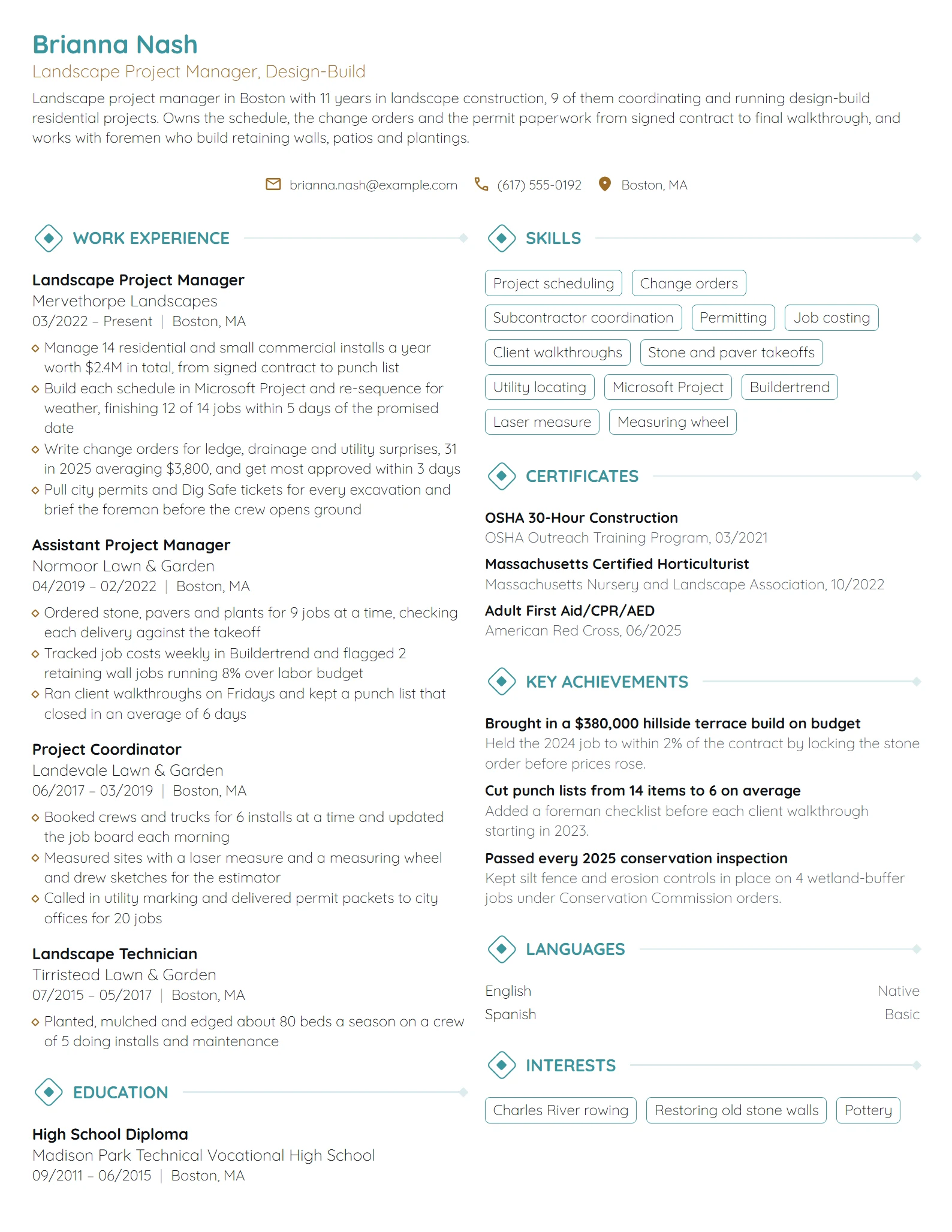 Landscape Project Manager resume example