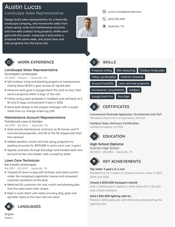 Landscape Sales Representative resume example