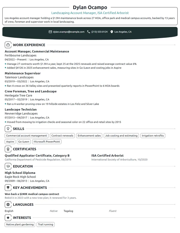 Landscaping Account Manager resume example