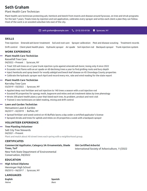 Plant Health Care Technician resume example