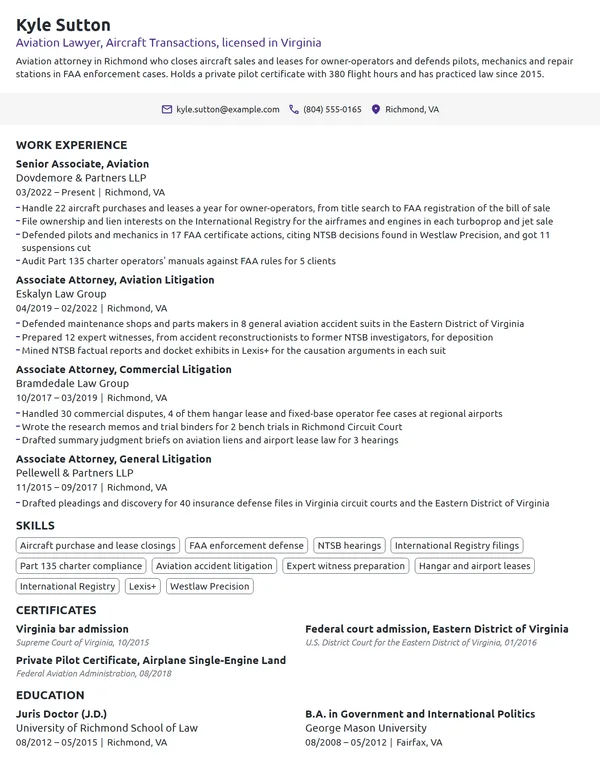 Aviation Lawyer resume example