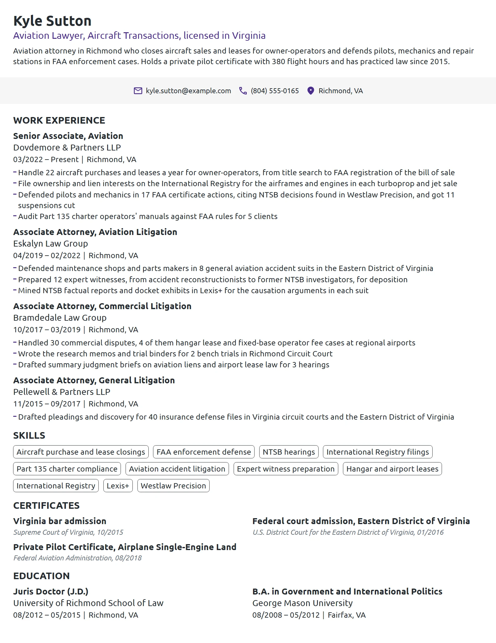 Aviation Lawyer resume example