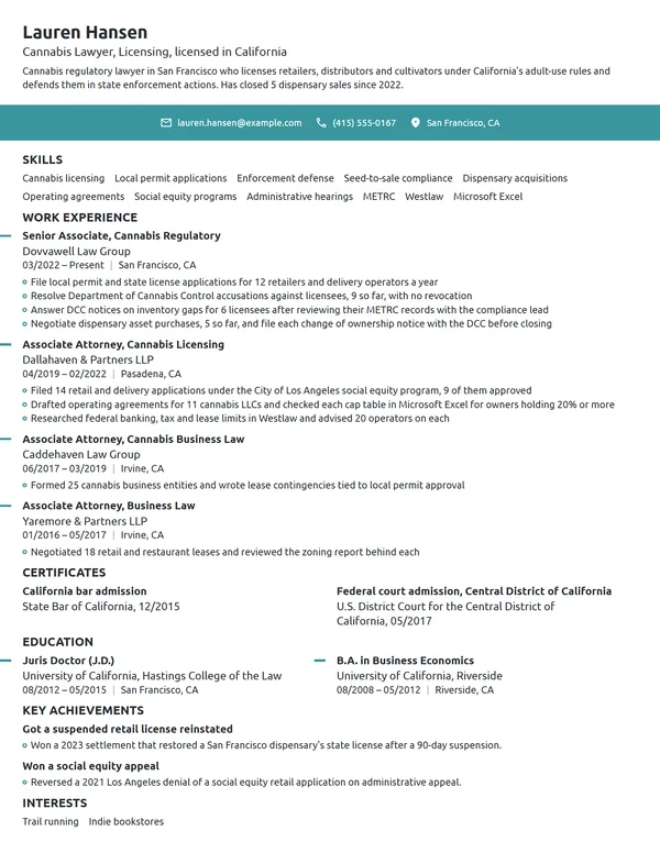 Cannabis Lawyer resume example