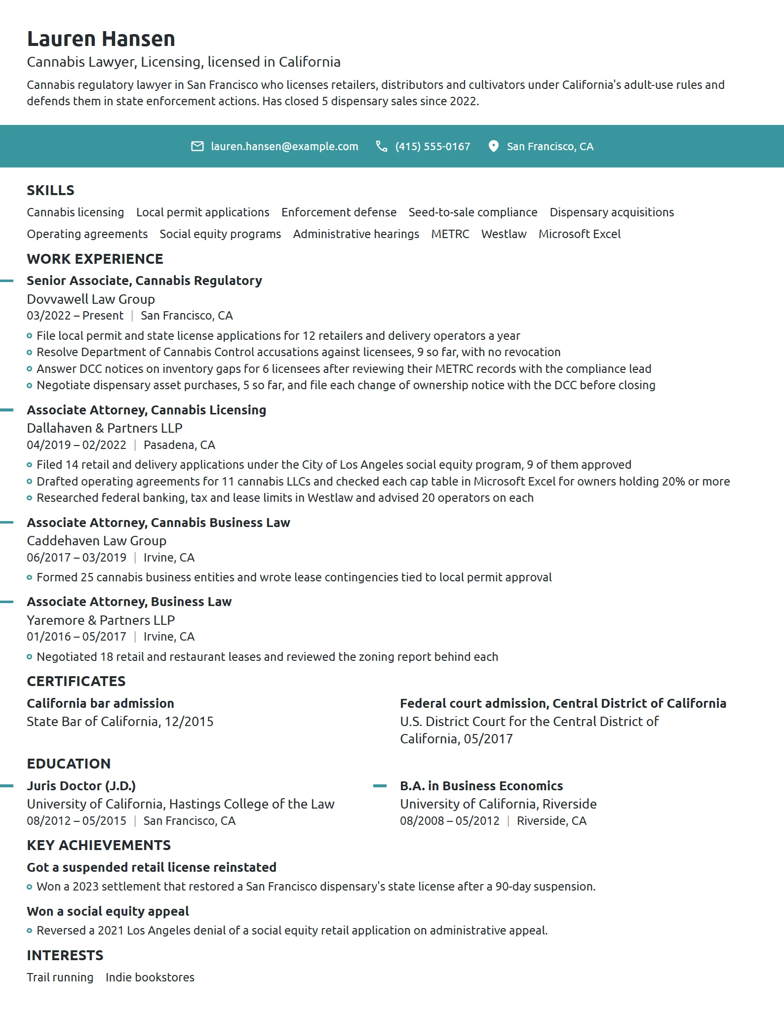 Cannabis Lawyer resume example
