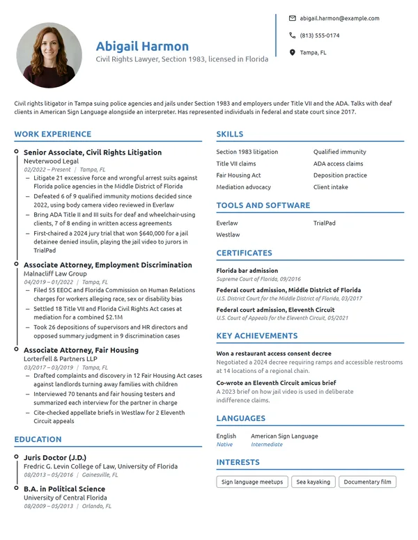 Civil Rights Lawyer resume example