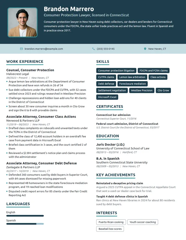 Consumer Protection Lawyer resume example