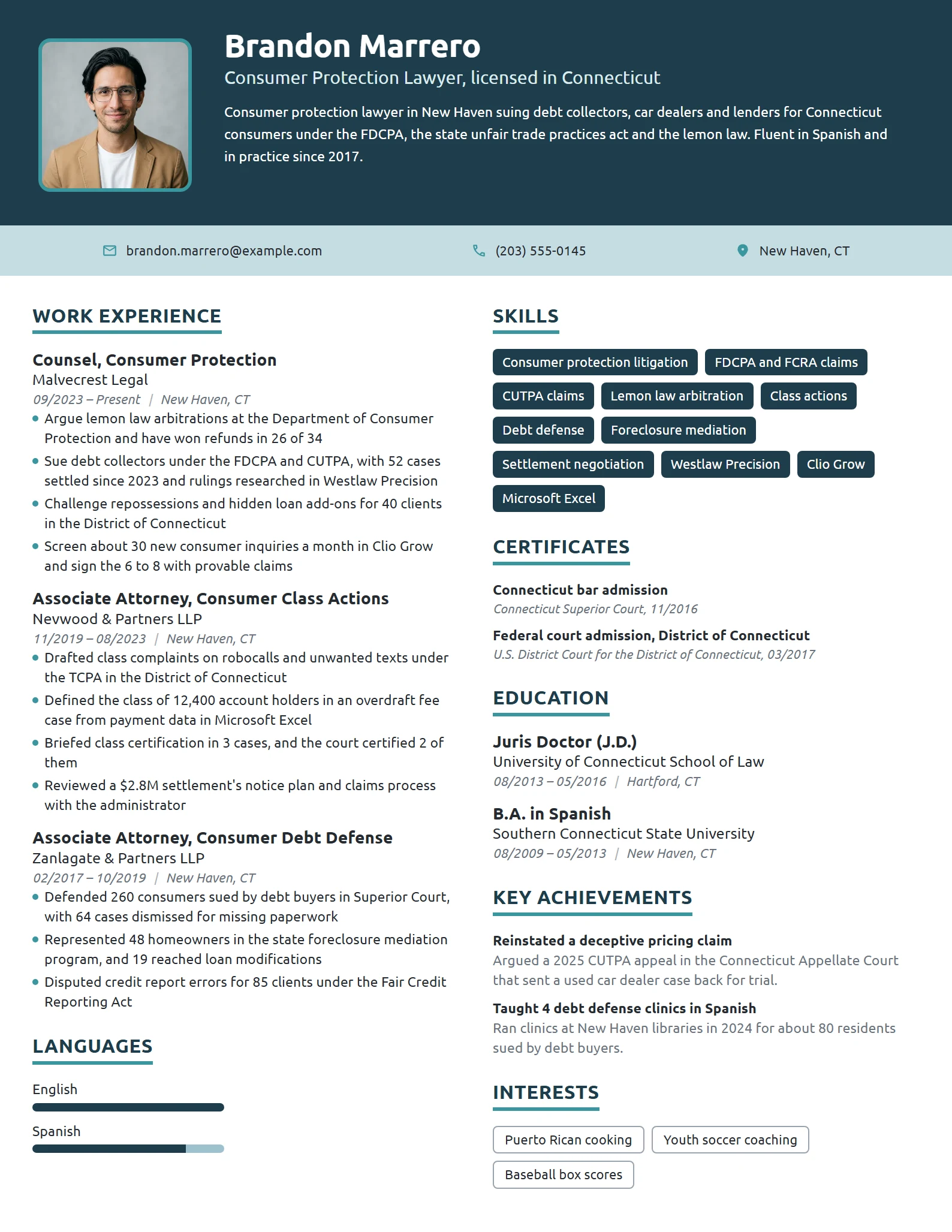 Consumer Protection Lawyer resume example