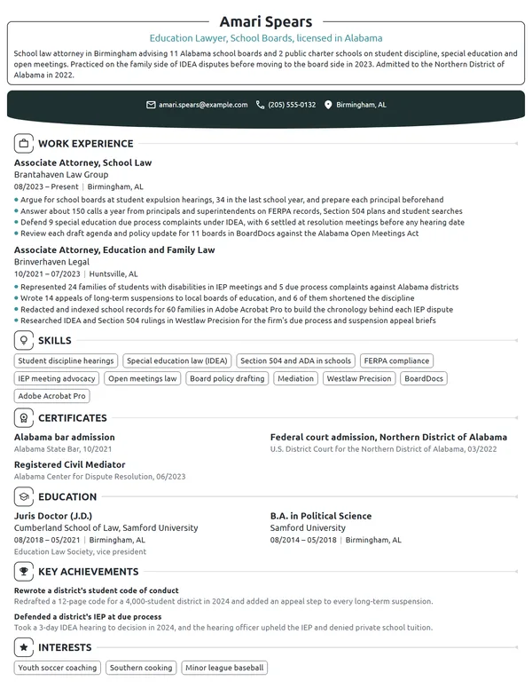 Education Lawyer resume example