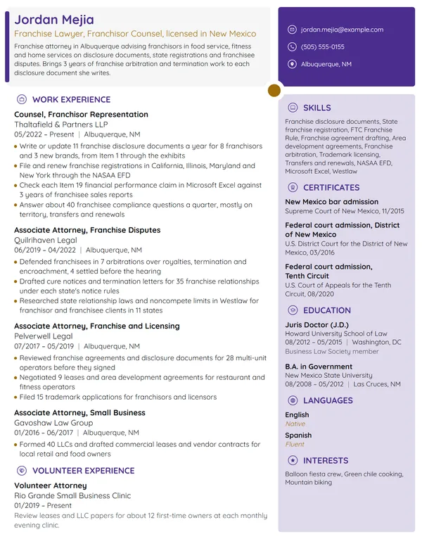 Franchise Lawyer resume example