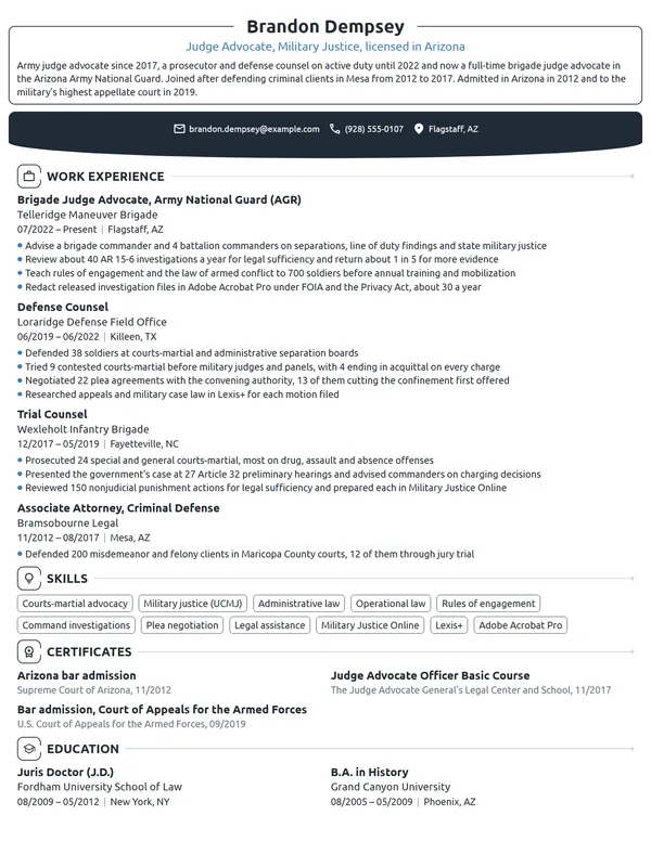 Judge Advocate resume example