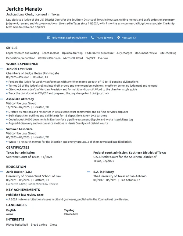 Judicial Law Clerk resume example