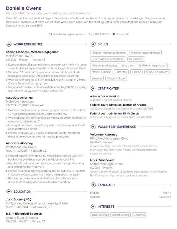 Medical Malpractice Lawyer resume example