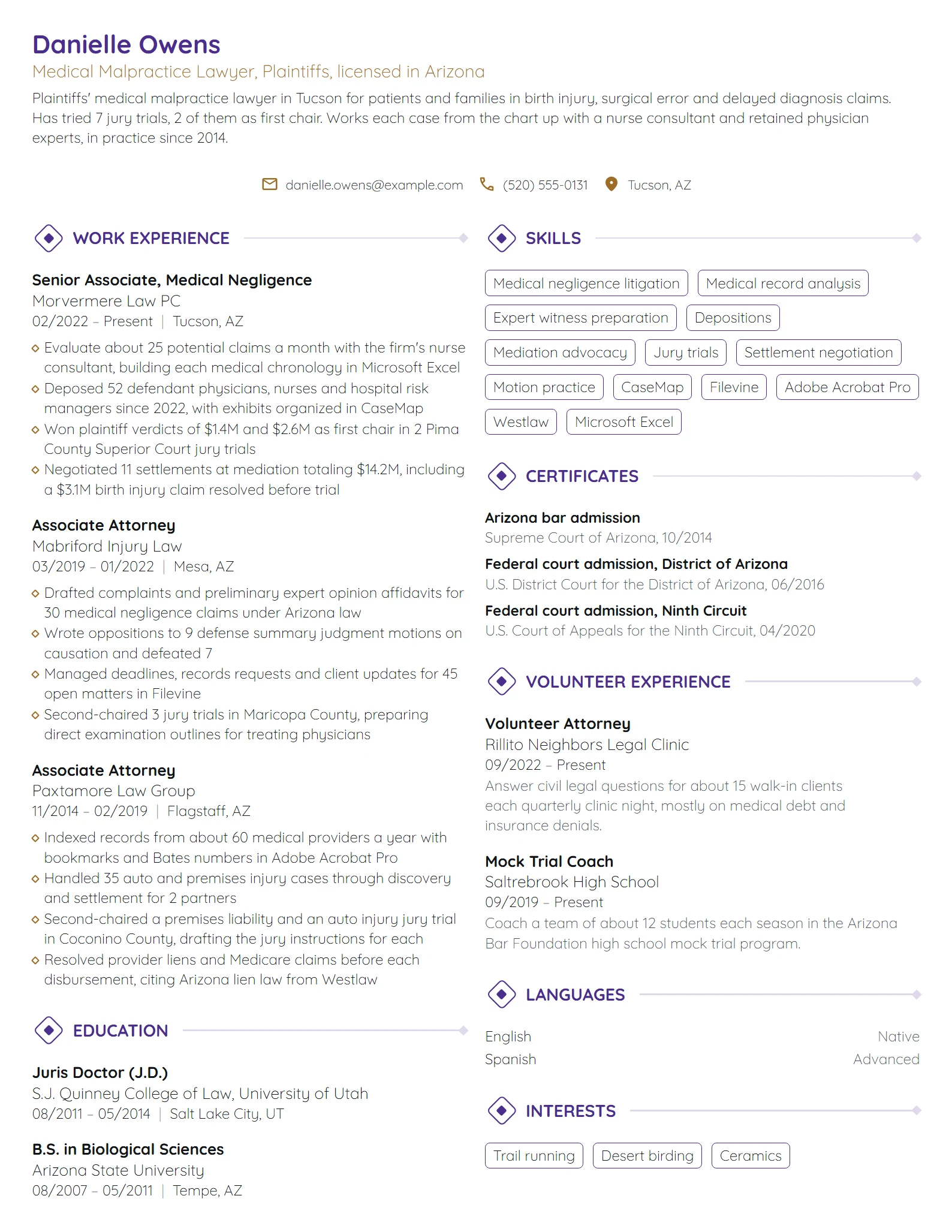 Medical Malpractice Lawyer resume example