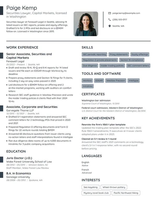 Securities Lawyer resume example