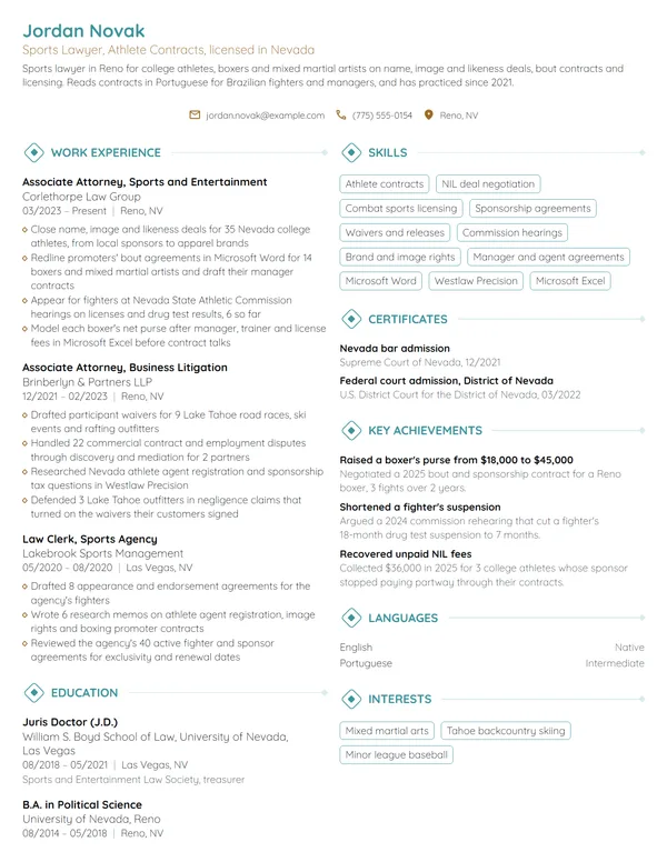 Sports Lawyer resume example