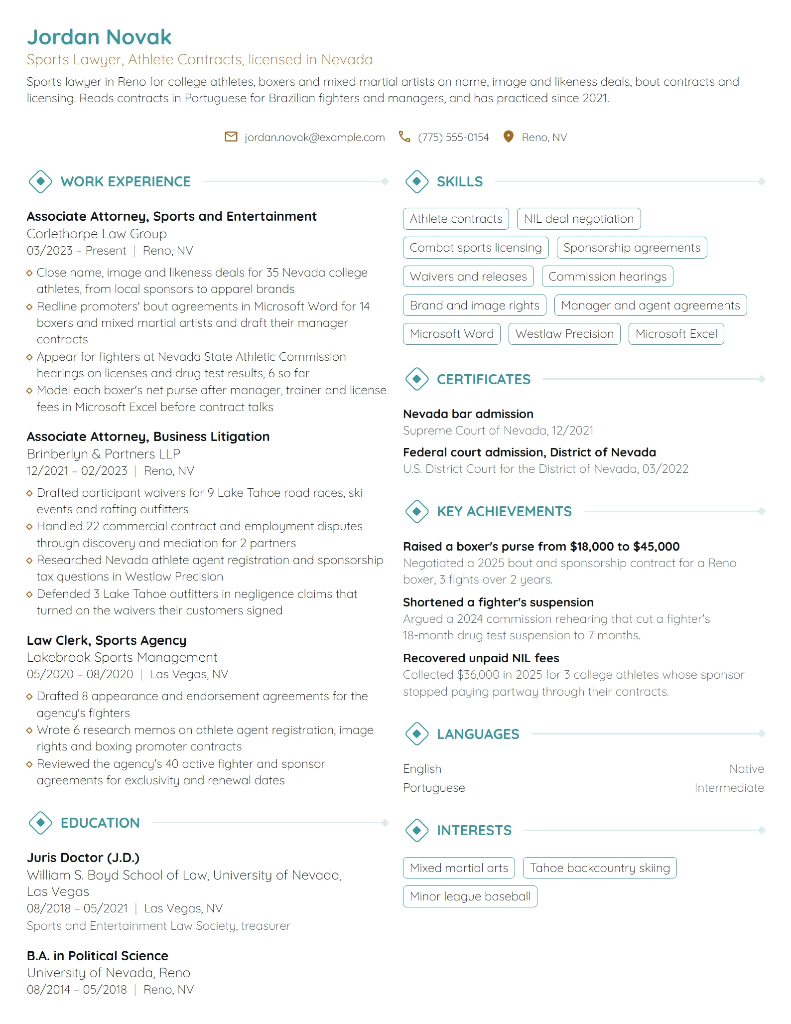 Sports Lawyer resume example