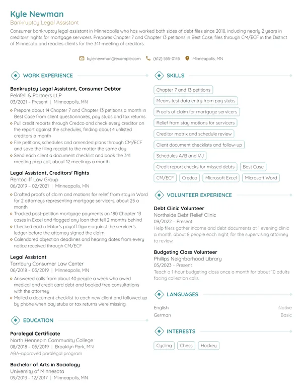 Bankruptcy Legal Assistant resume example