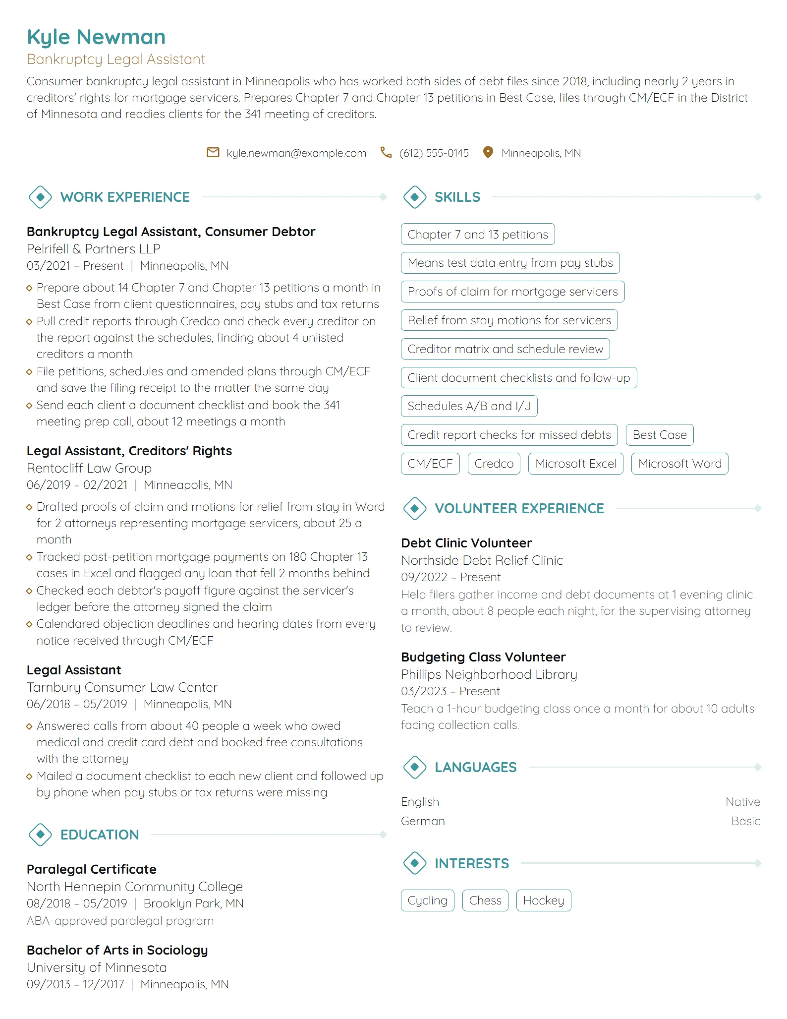 Bankruptcy Legal Assistant resume example