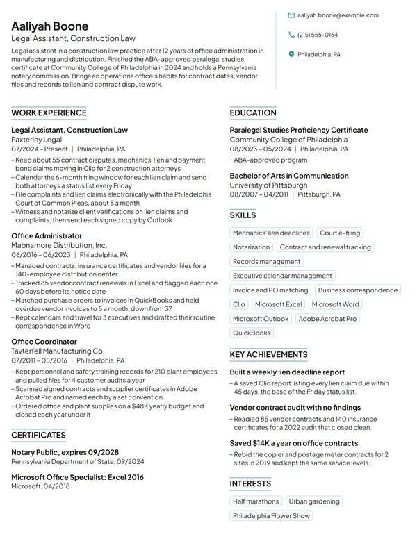 Career Change Legal Assistant resume example