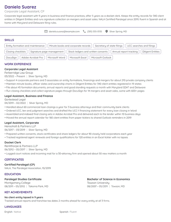 Corporate Legal Assistant resume example
