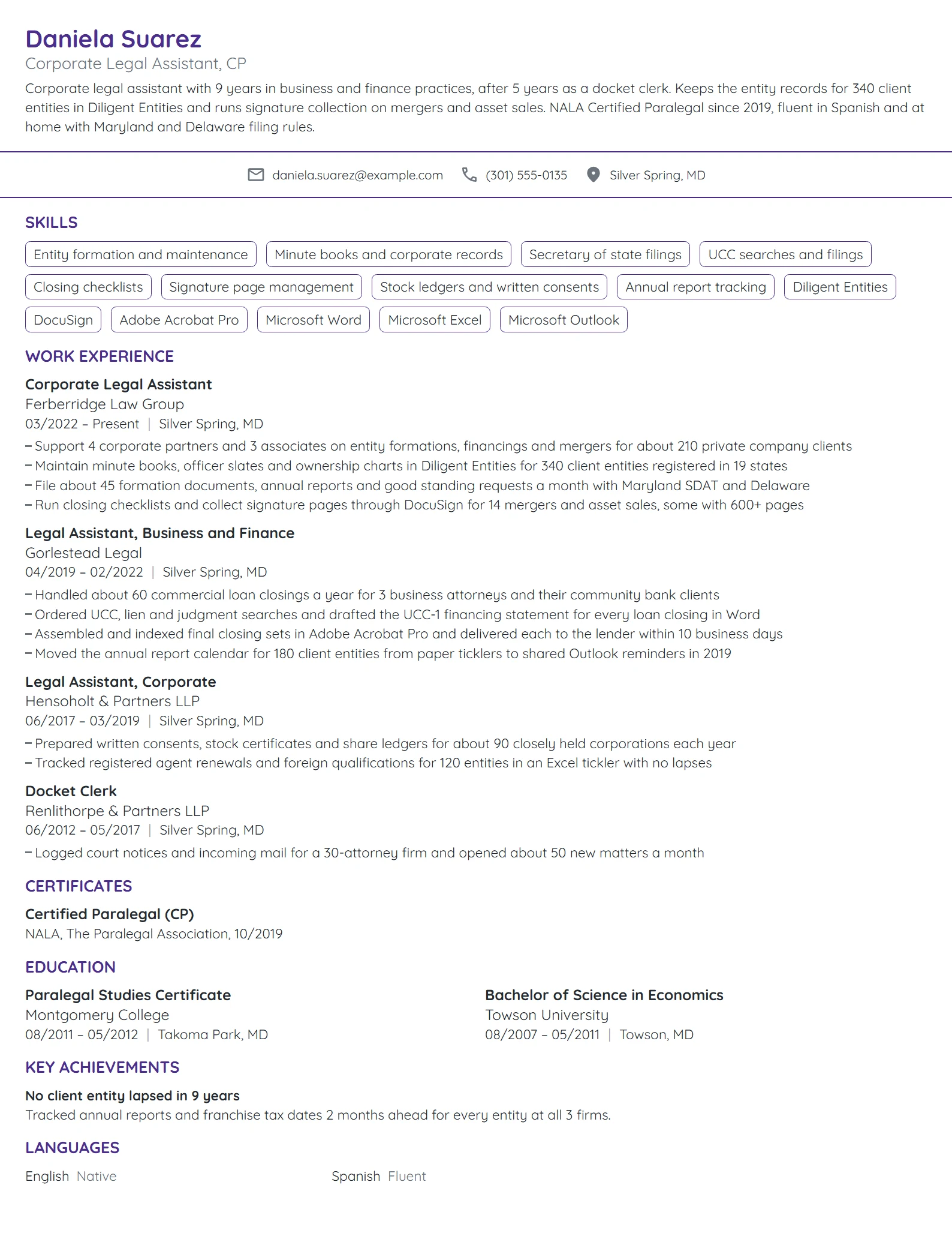 Corporate Legal Assistant resume example