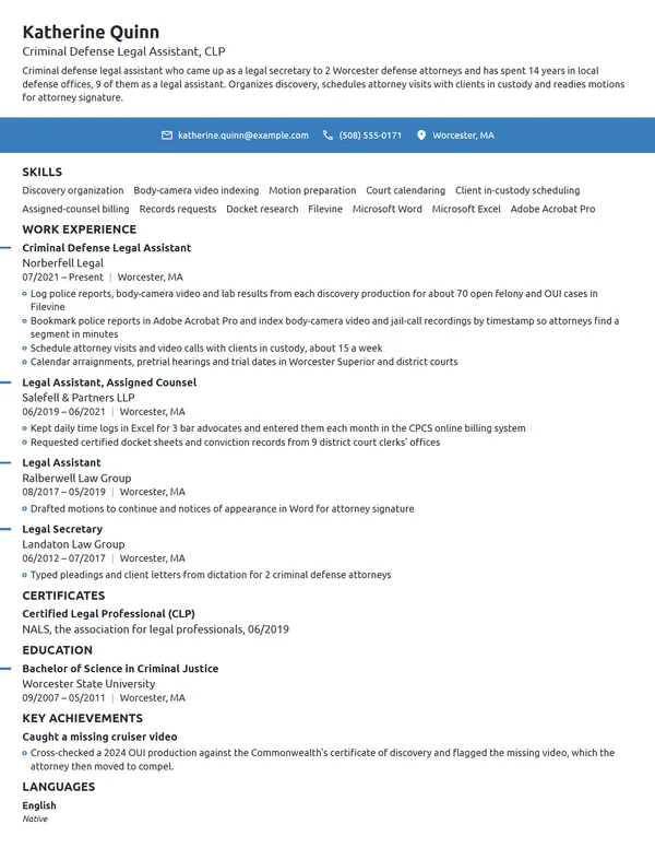 Criminal Defense Legal Assistant resume example